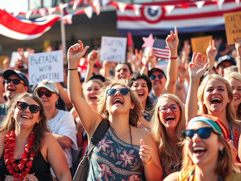 A lively crowd of fans celebrating outdoors with cheerful expressions, holding signs and flags, amidst festive bunting. Sunshine reflects their excitement and joy.
