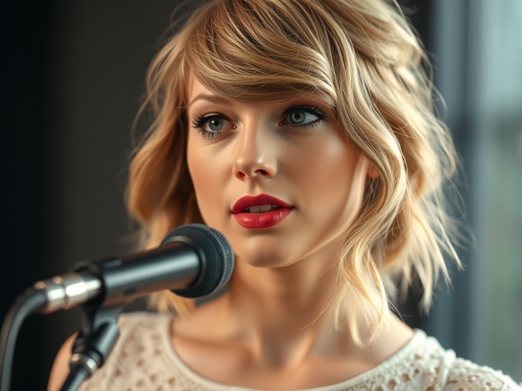 A close-up of a young female singer with blonde hair and vibrant red lipstick, standing near a microphone, capturing an expressive moment.