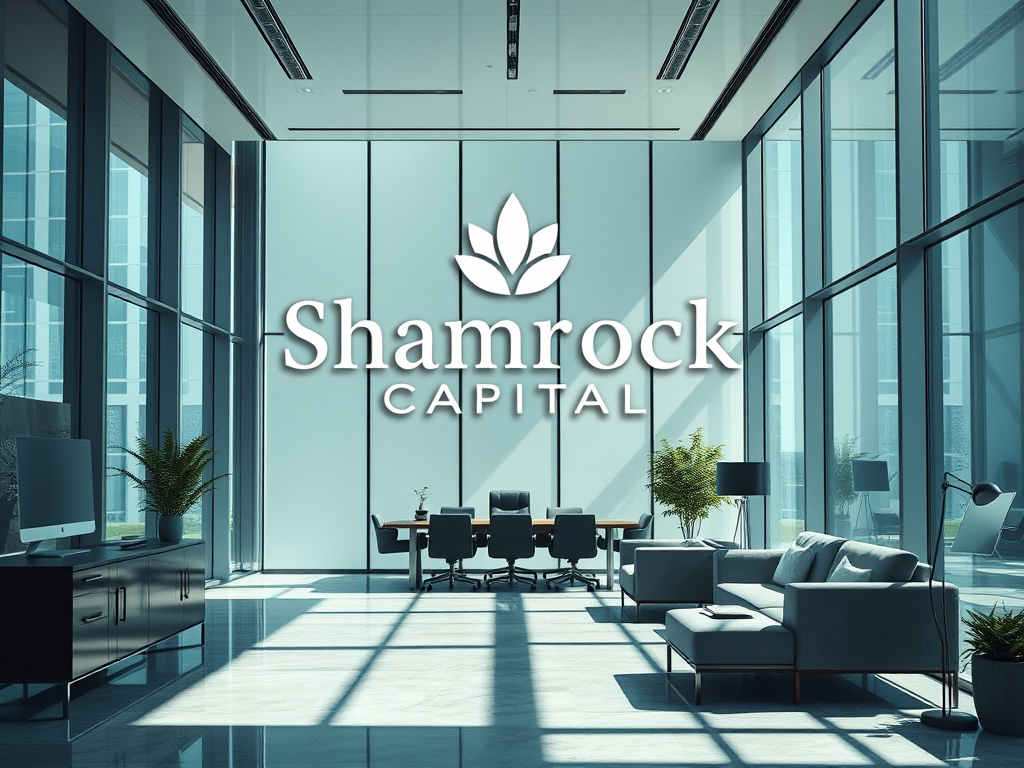 A modern corporate office interior featuring large windows, minimalist furniture, and a prominent 'Shamrock Capital' logo.