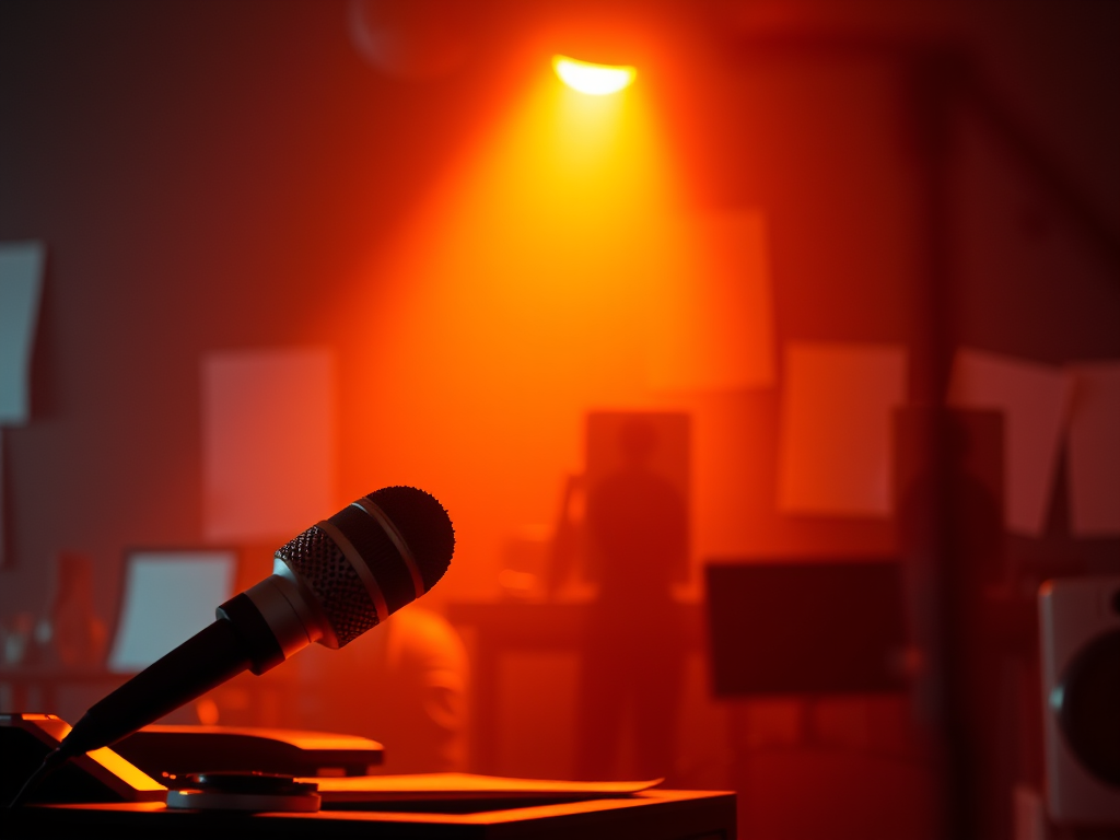 A close-up of a microphone in a dimly lit room, with an orange glow illuminating the scene and shadowy figures in the background.