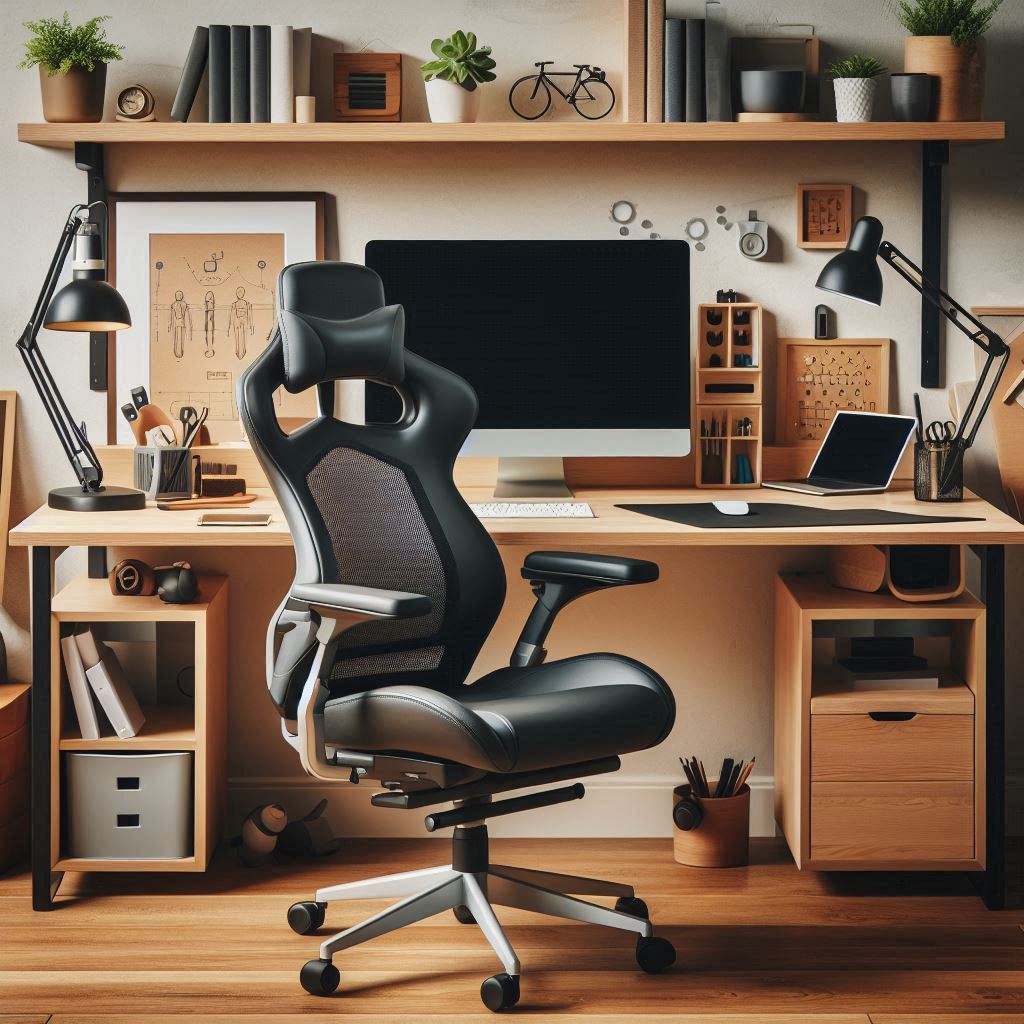An ergonomic setup with an ergonomic chair, desk, and other essential items for long-term comfort