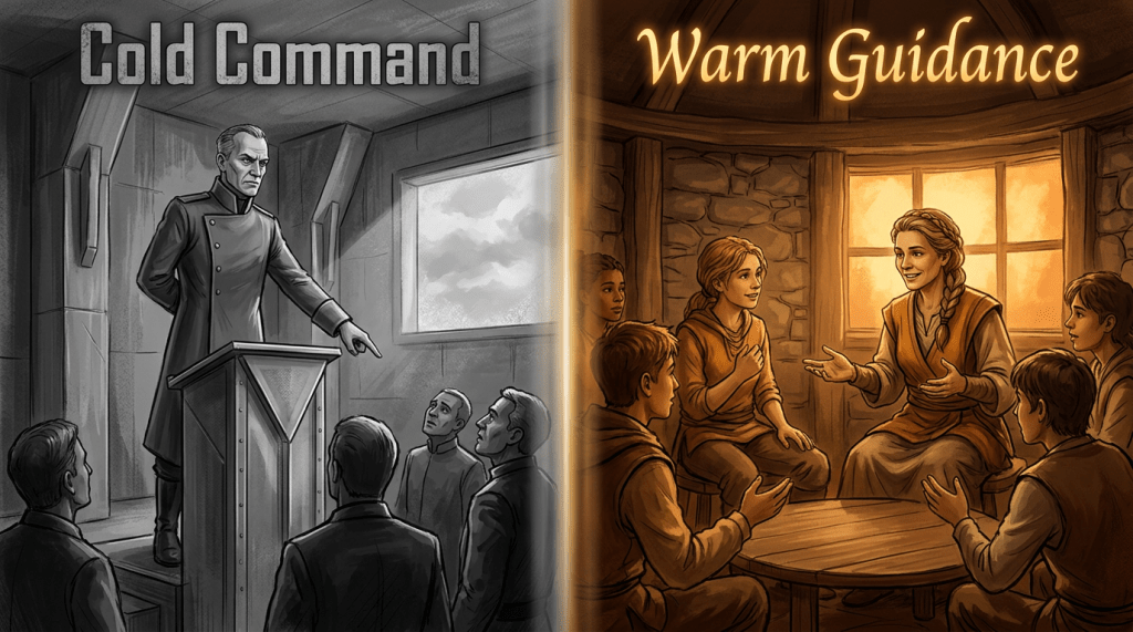 A cold commanding officer addressing men contrasted with a warm teacher leading a group in a cozy room