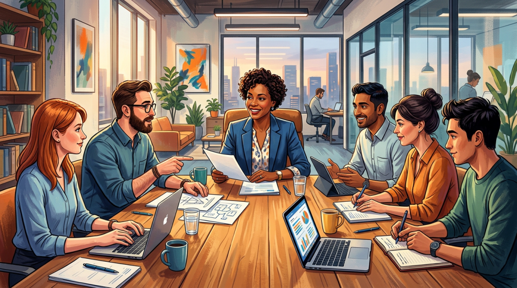 Six coworkers discussing and collaborating around a conference table with laptops and documents in a bright office.