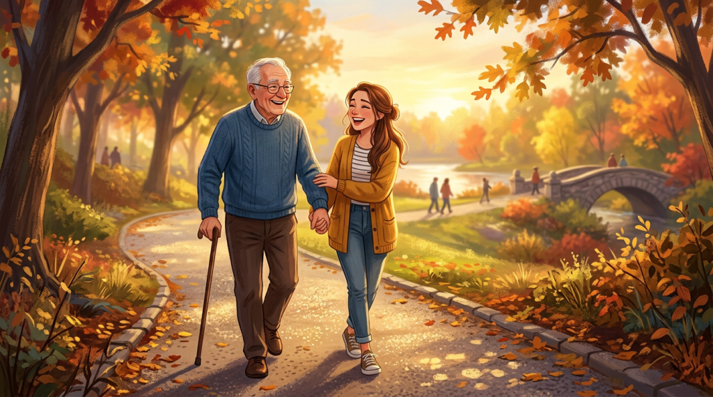 An elderly man with a cane and a young woman walking hand in hand in an autumn park