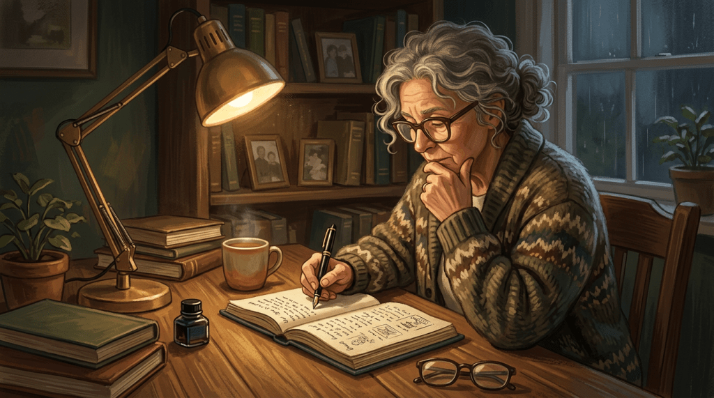Elderly woman writing in a journal at wooden desk with lamp and books
