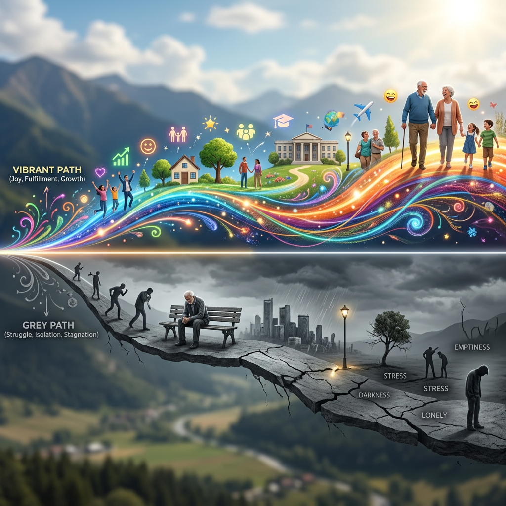 Two contrasting paths representing vibrant joyful life and grey struggle-filled life