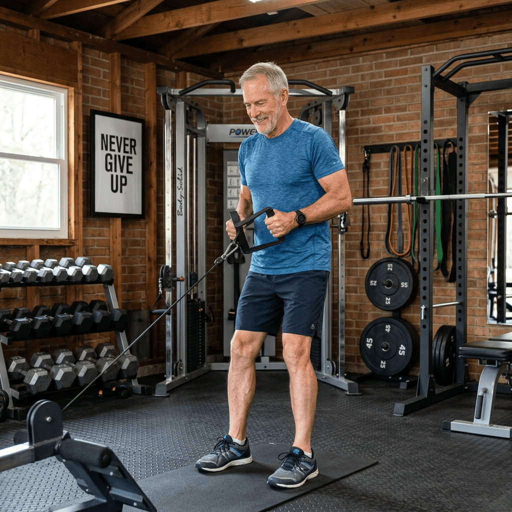 Older man exercising with cable machine in a home gym