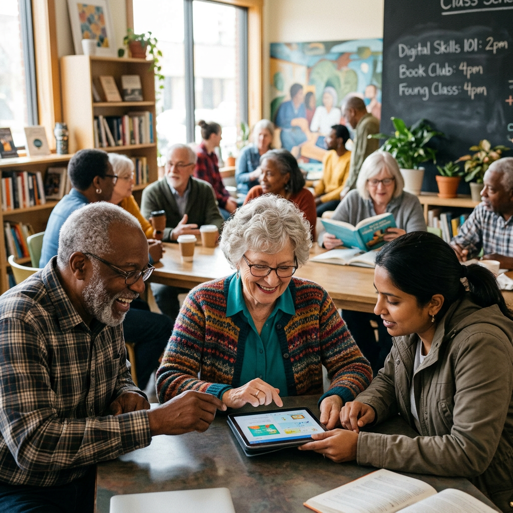 Three people using a tablet together in a lively community space