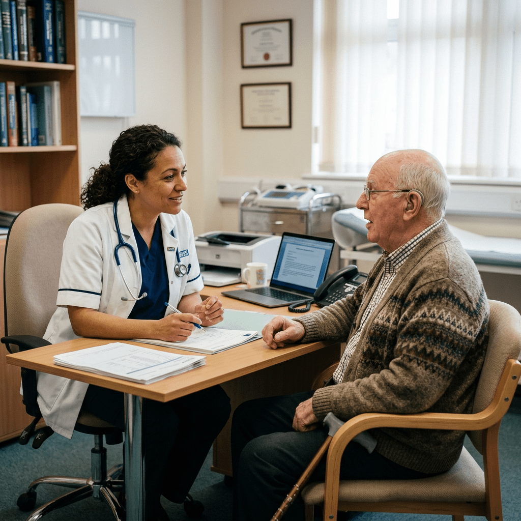 Healthcare professional consulting elderly male patient at desk