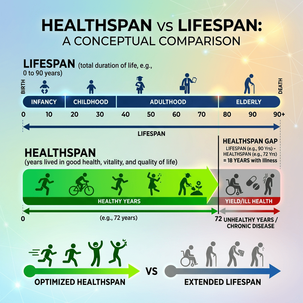 Infographic comparing healthspan and lifespan, showing stages of life and years of healthy versus unhealthy living