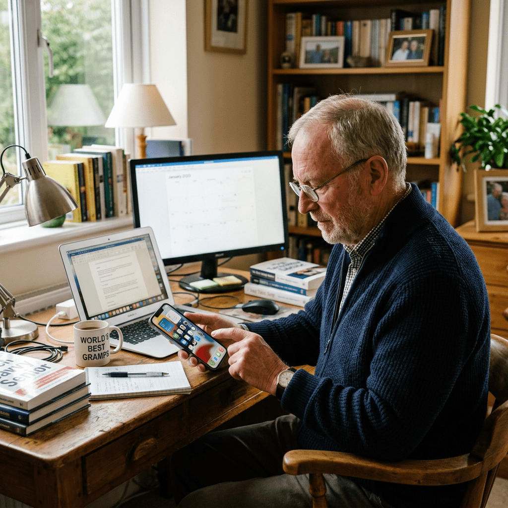Elderly man sitting at a desk using a smartphone with open laptop and monitor in the background