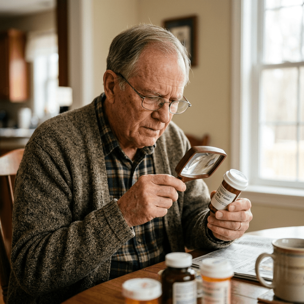 Elderly man examining prescription bottle with magnifying glass at kitchen table