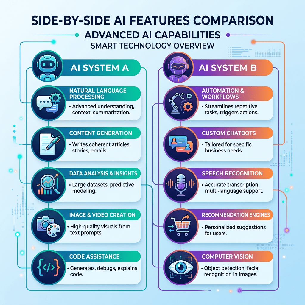 Side-by-side comparison chart listing advanced AI capabilities of two systems, A and B.