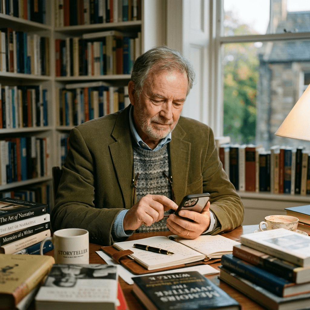 Older man in green jacket using smartphone at desk with books and notebook