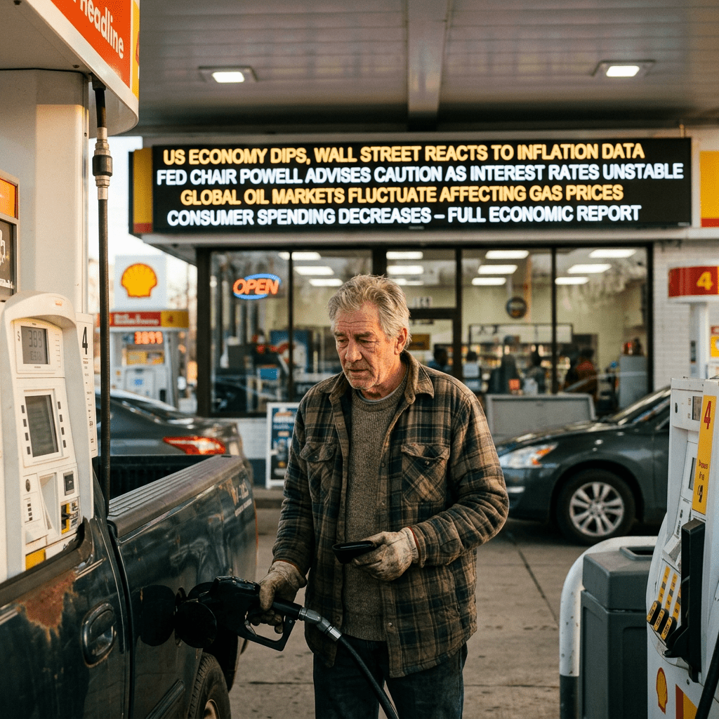 Man pumping gas into truck at gas station with economic news headline above