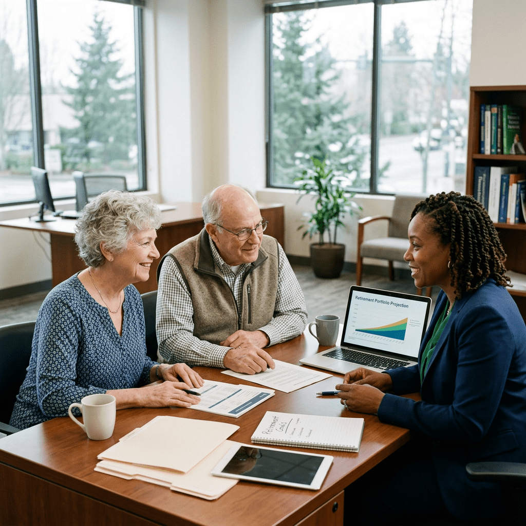 Financial advisor showing retirement portfolio projection graph to elderly couple in office