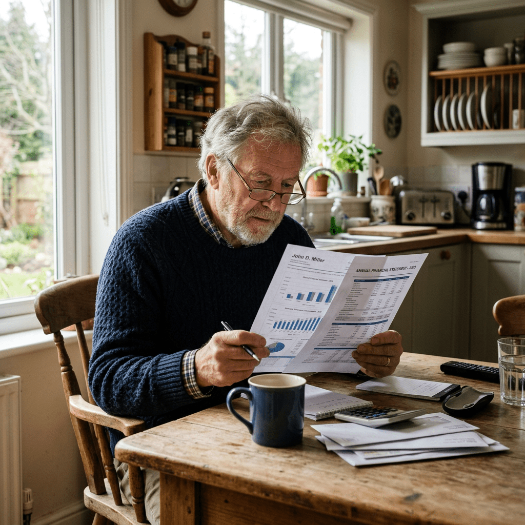 Elderly man reading financial documents with charts and graphs at wooden kitchen table