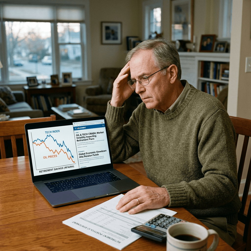 Senior man stressed reviewing retirement savings and market crash news on laptop