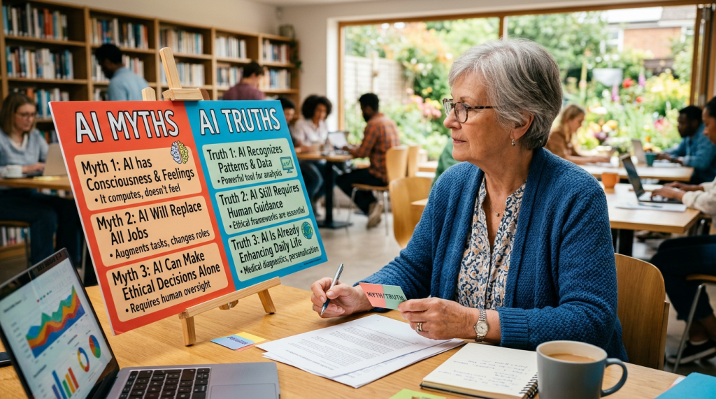 Woman reading AI myths and truths poster at a table in a library