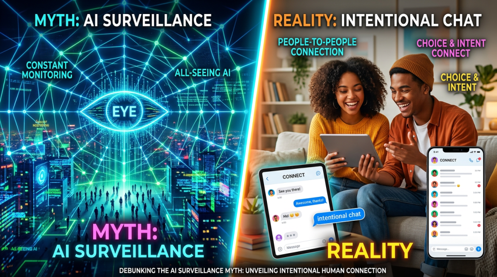 Graphic contrasting AI surveillance myth with intentional chat reality, showing a digital eye and network on left and two people using chat devices on right