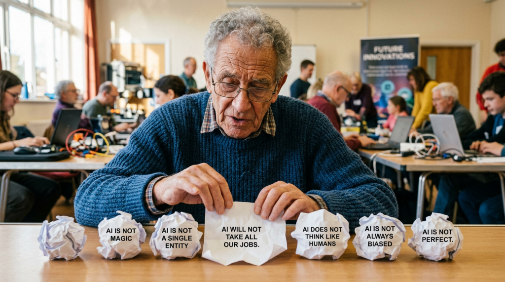 Elderly man reading a crumpled note that says 'AI WILL NOT TAKE ALL OUR JOBS' with other notes listing AI misconceptions