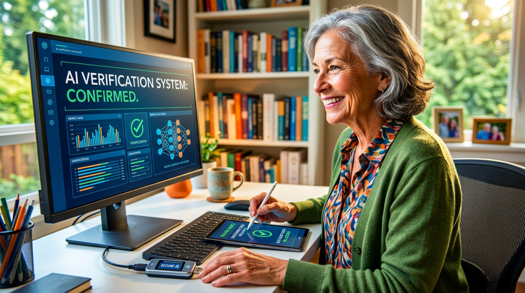 Senior woman interacting with AI verification system on computer and tablet screens