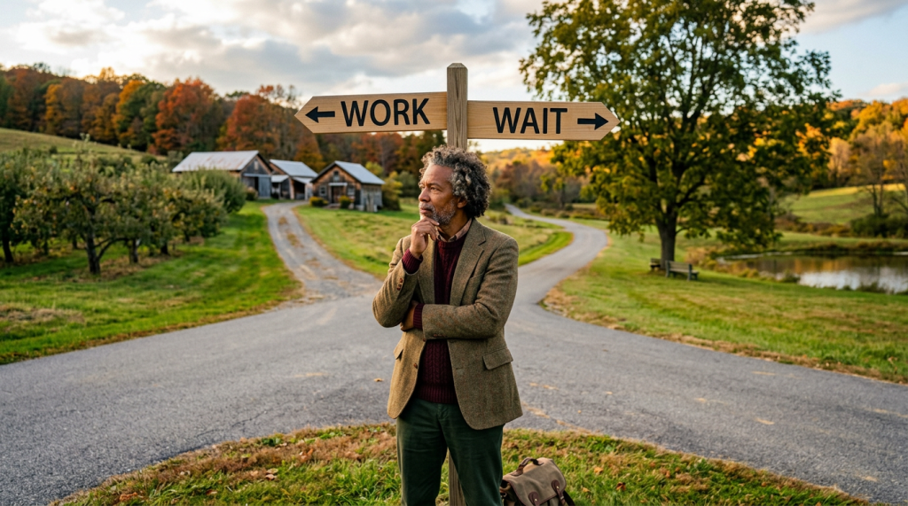 Man standing at crossroads with directional signs labeled Work and Wait