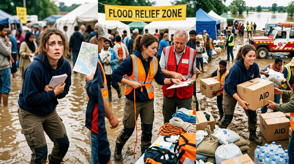 Volunteers organizing supplies and distributing aid in a muddy flood relief area