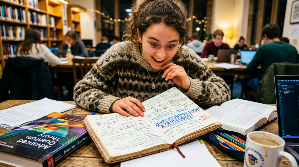 Student reading colorful handwritten notes titled Quantum Entanglement & Cryptography