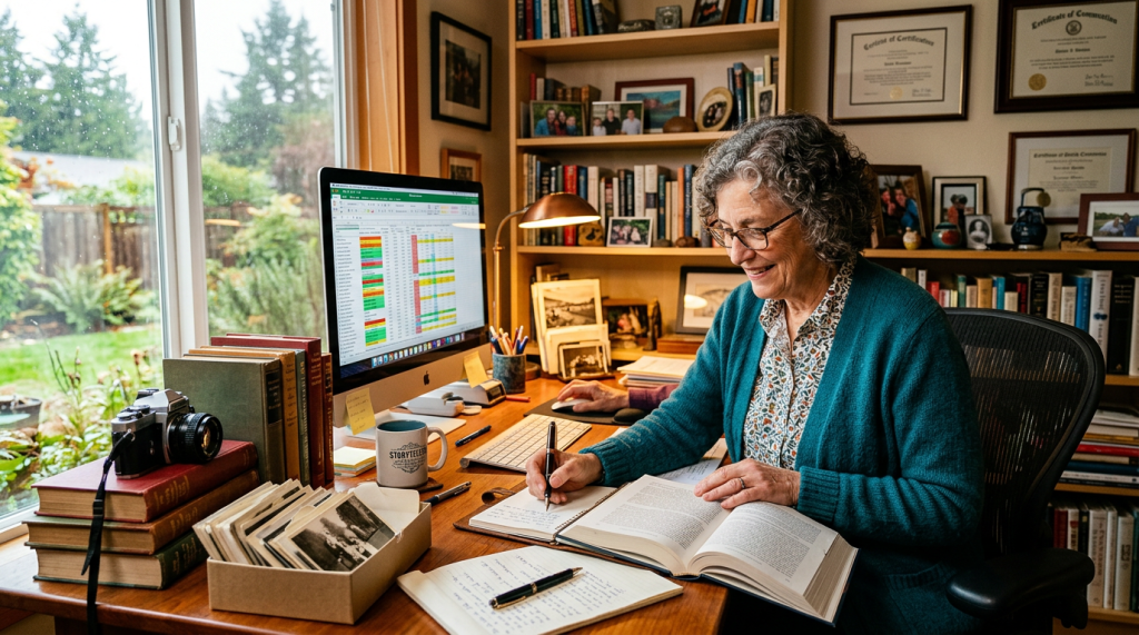 Woman writing notes from an open book at a desk with computer and books in a home office