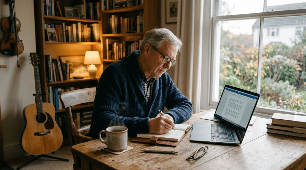 Older man writing at a desk beside a laptop in a home study