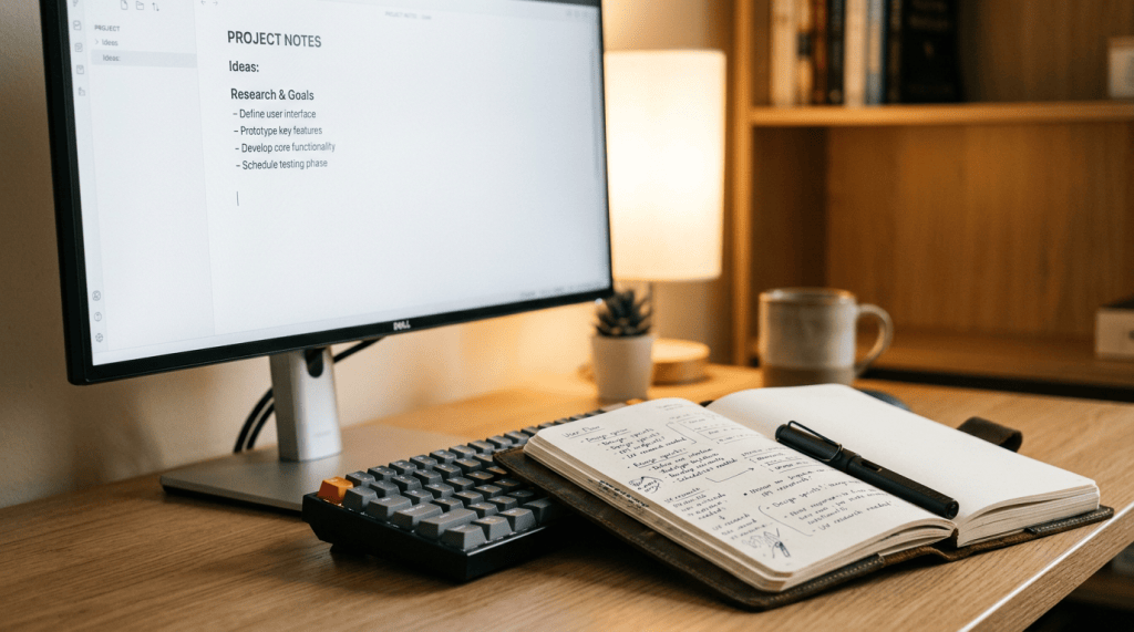 Monitor displays “PROJECT NOTES” and research goals beside a handwritten notebook.