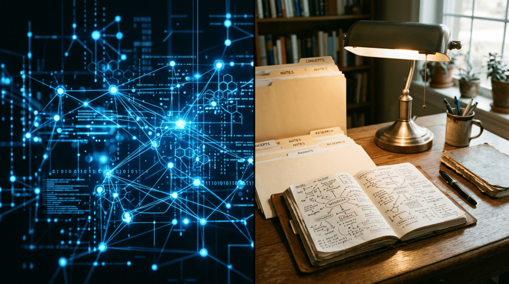 Split scene contrasting a digital network with handwritten research notes