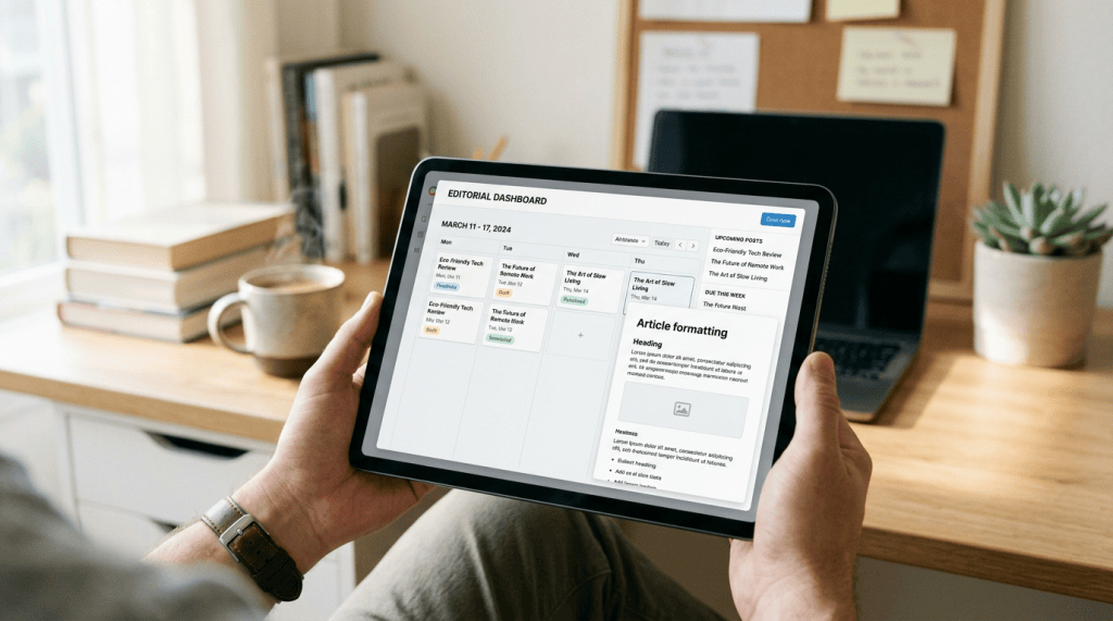 Hands holding a tablet displaying an editorial dashboard and article formatting panel