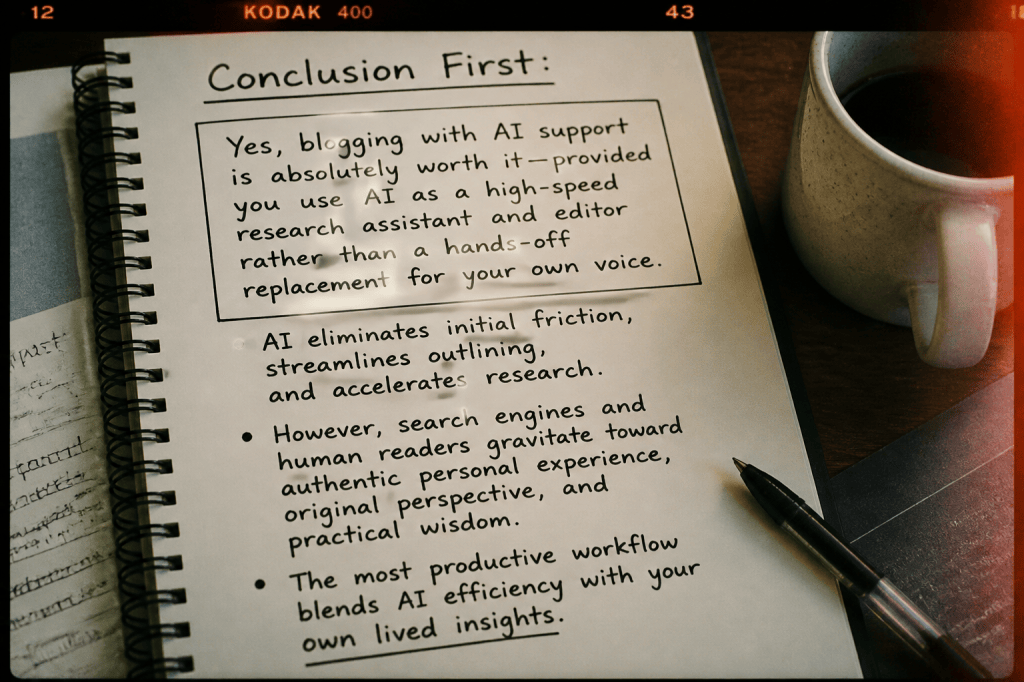 Notebook page titled "Conclusion First" says blogging with AI support is worthwhile when AI serves as a research assistant and editor rather than replacing personal voice; bullets say AI reduces friction, streamlines outlining, accelerates research, authentic experience attracts readers, and productive workflows blend AI efficiency with lived insights.