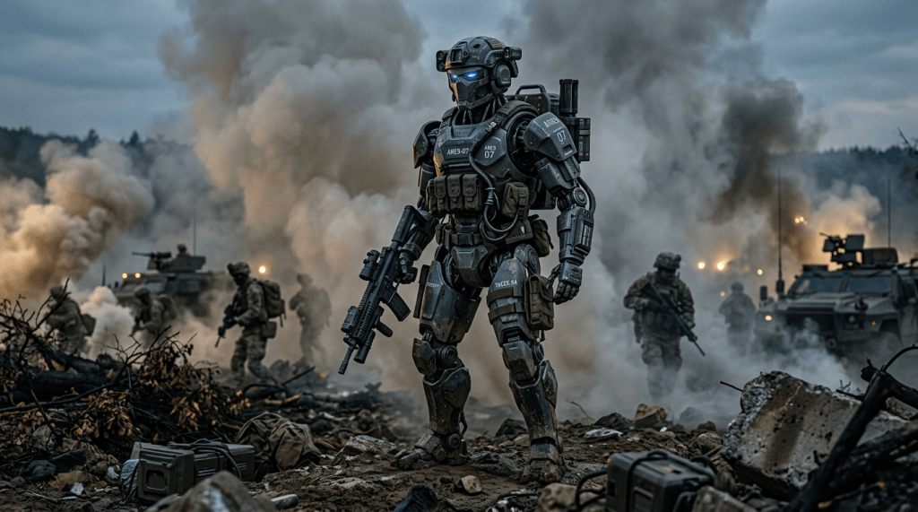Armored combat robot advances through smoke with soldiers and military vehicles