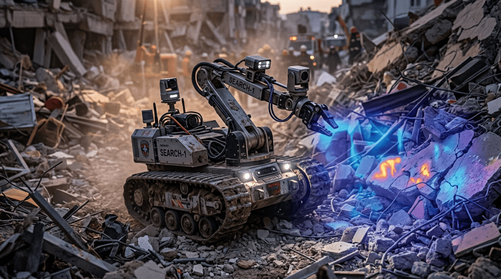 Tracked rescue robot labeled SEARCH-1 scanning rubble at a disaster site