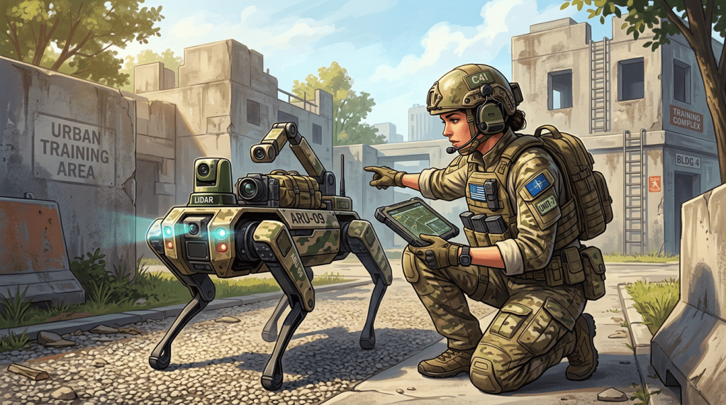 Soldier guides robotic quadruped labeled LIDAR and ARU-09; signs read URBAN TRAINING AREA, TRAINING COMPLEX, and BLDG 4.